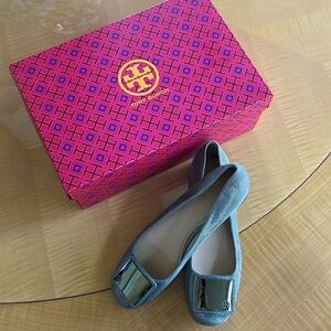 Tory Burch Silver and Blue Flats with Decorative Buckle